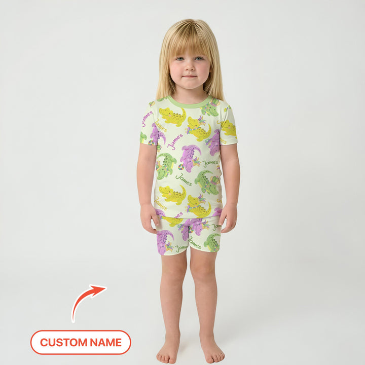 Custom Name Mardi Gras Alligator Two Piece Short Sleeve Shorts Pajama Set