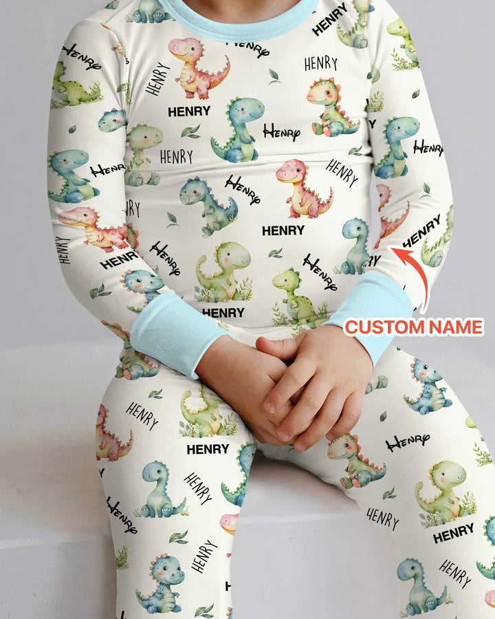 Dinosaur Custom Name Two Piece Long Sleeve Pajama Set