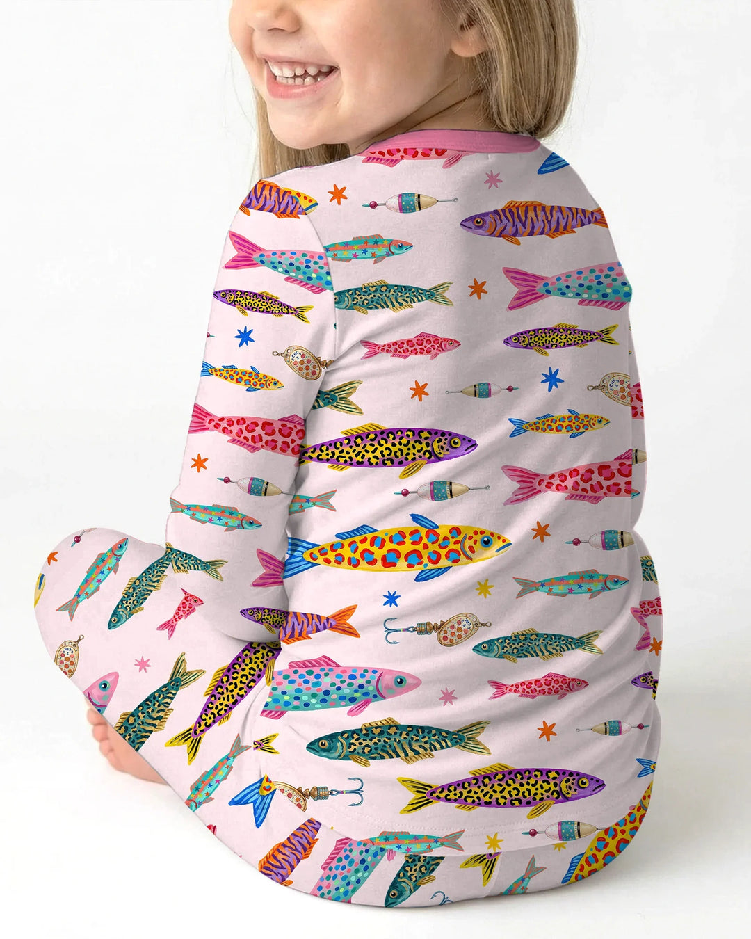 Pijama de dos piezas de bambú de manga larga con bordado de nombre personalizado de peces de colores