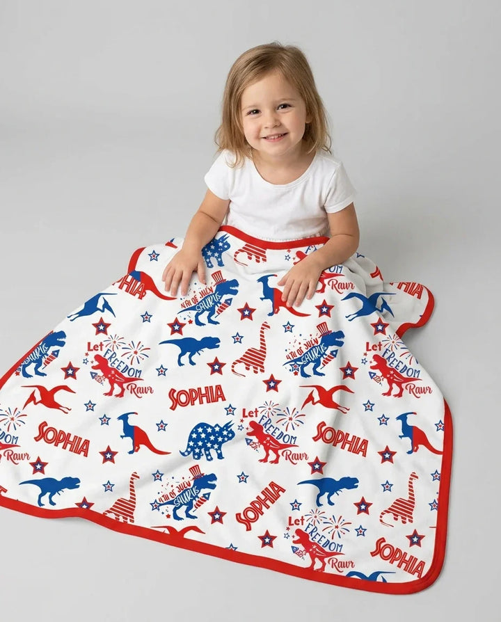 Custom Name Patriotic Dinosaur Bamboo Blanket