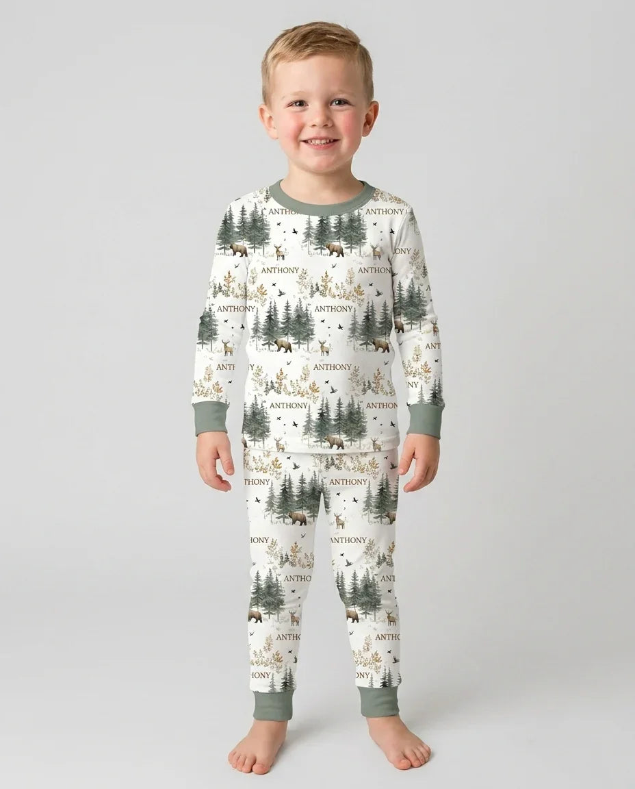 Custom Name Forest Bear Deer Bamboo Two Piece Long Sleeve Pajama Set