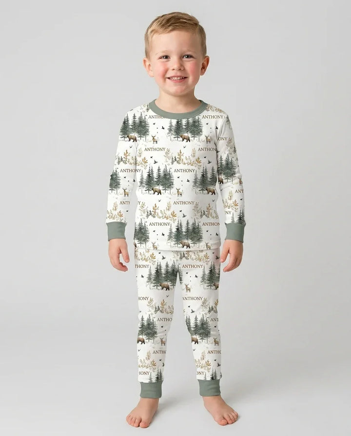 Custom Name Forest Bear Deer Bamboo Two Piece Long Sleeve Pajama Set