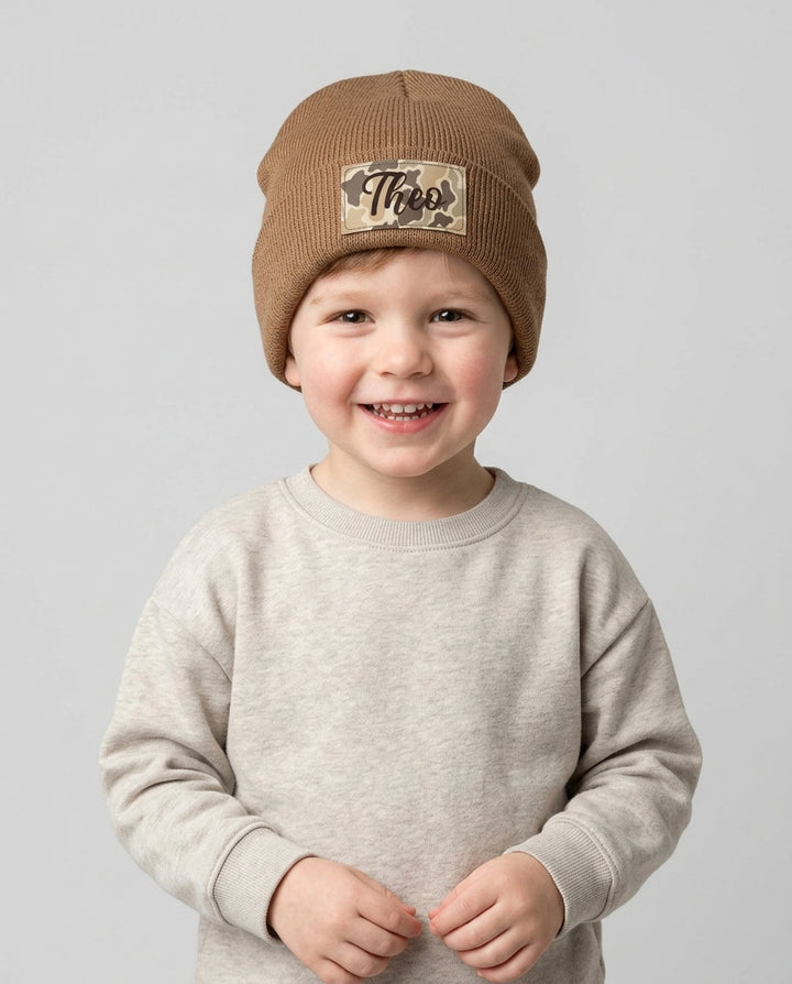 Custom Name Camo Leather Patch Beanie