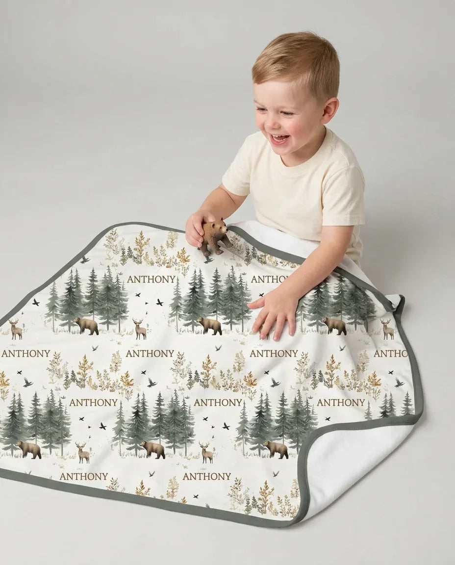 Manta de bambú personalizada con nombre, bosque, oso, ciervo