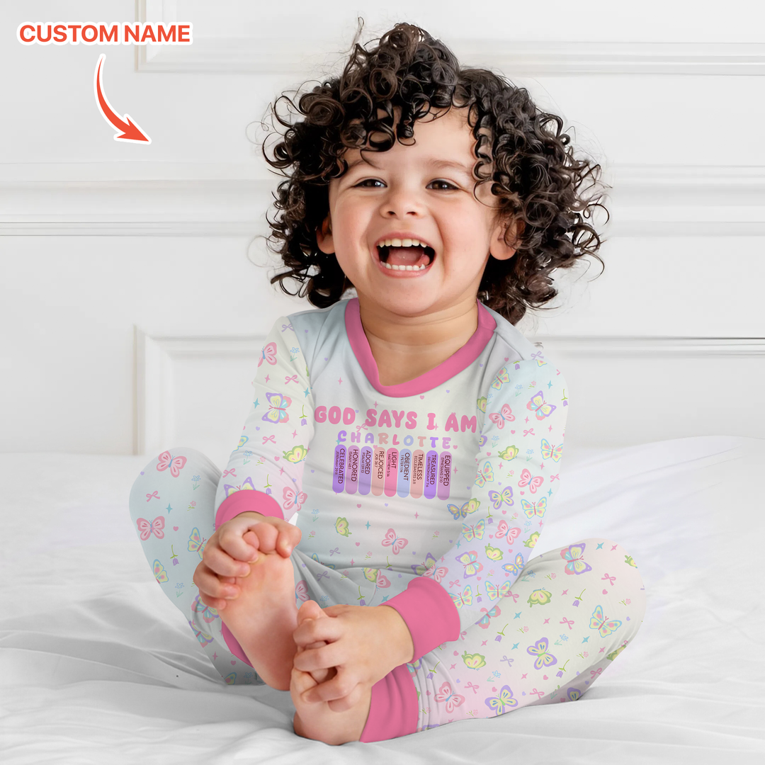 Personalized Butterfly Blessings God Says I Am Two Piece Long Sleeve Pajama Set