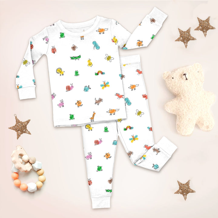 Colorful Doodle Animals Two Piece Long Sleeve Pajama Set