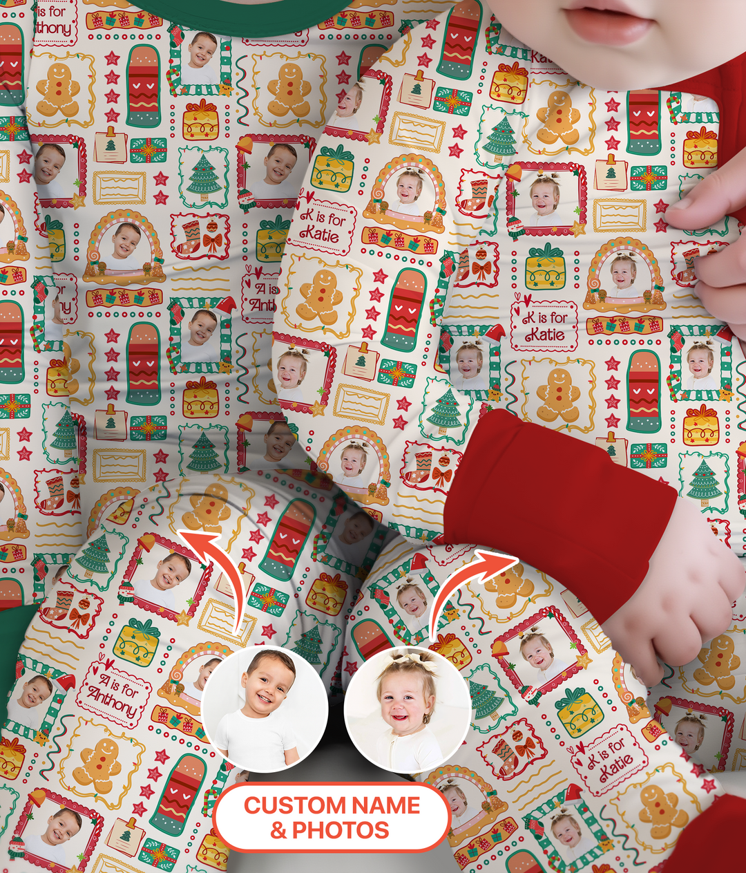 Custom Photo Christmas Frame Custom Name Two Piece Long Sleeve Pajama Set