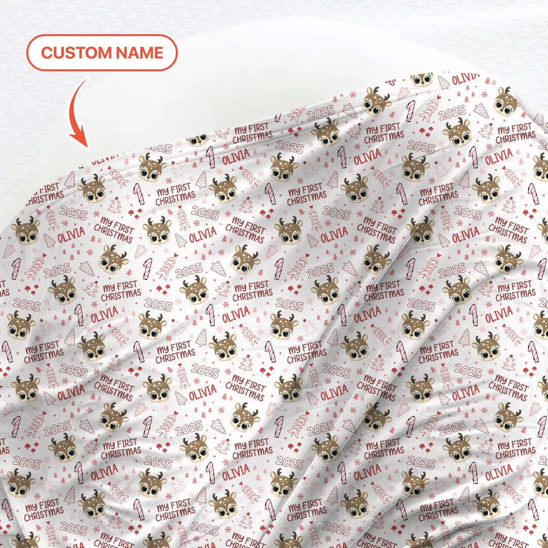 Custom Name Cute Reindeer My First Christmas Swaddle Blanket