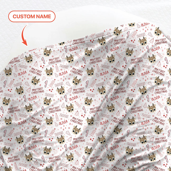 Custom Name Cute Reindeer My First Christmas Swaddle Blanket