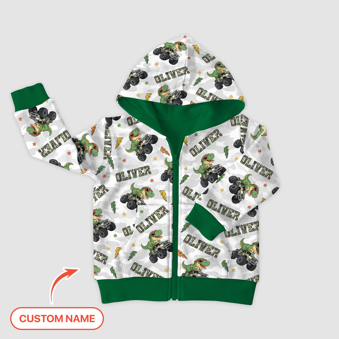 Custom Name Camo Trucker Dino Zip Hoodie