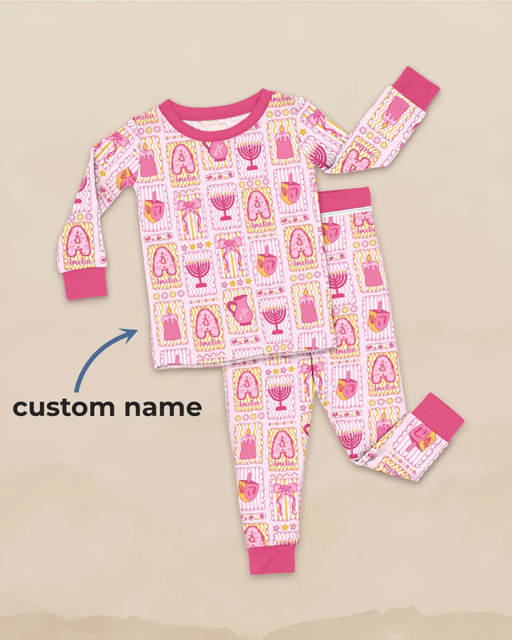 Custom Name Hanukkah Wonderland Two Piece Long Sleeve Pajama Set