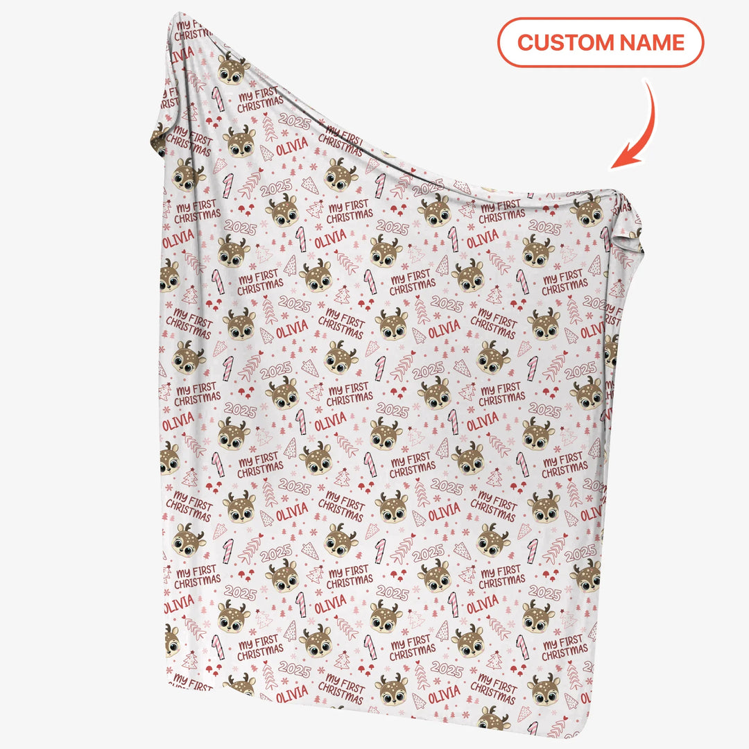 Custom Name Cute Reindeer My First Christmas Swaddle Blanket