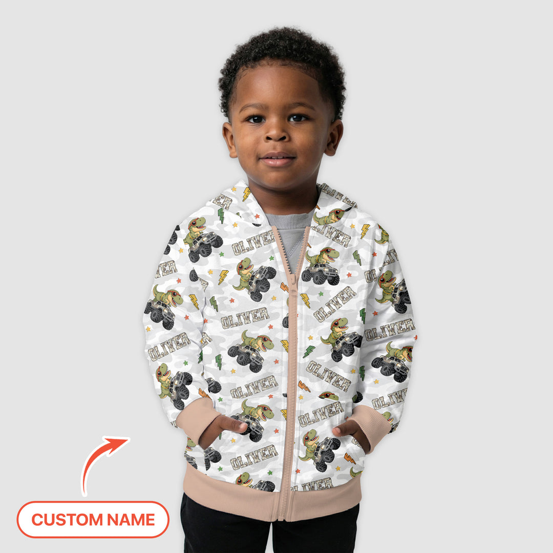 Custom Name Camo Trucker Dino Zip Hoodie