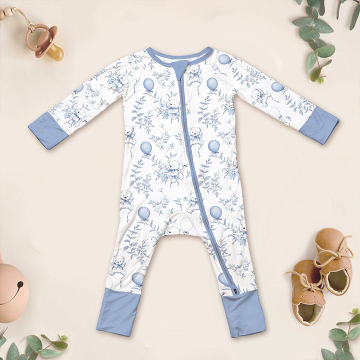 Blue Bear Toile de jouy Convertible Zippered Romper