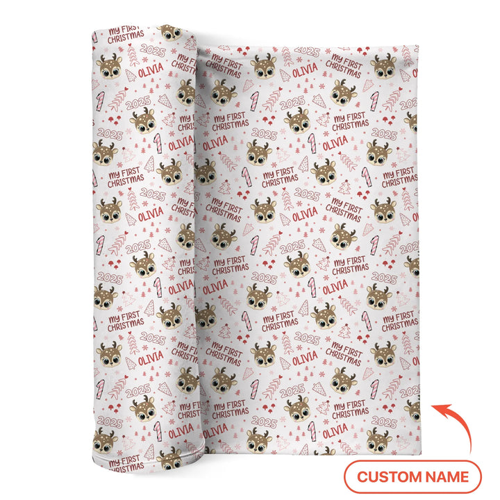 Custom Name Cute Reindeer My First Christmas Swaddle Blanket