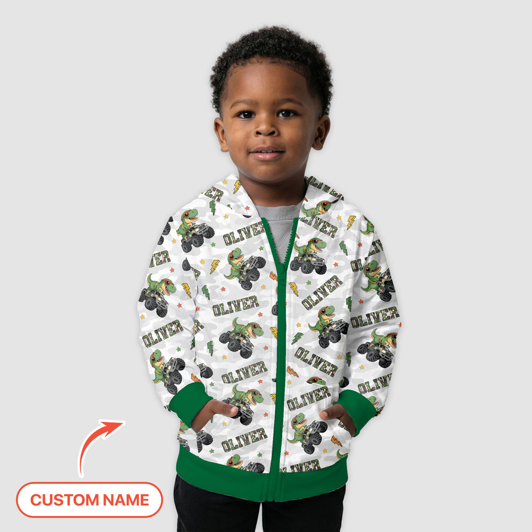 Custom Name Camo Trucker Dino Zip Hoodie