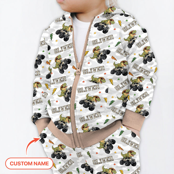 Custom Name Camo Trucker Dino Zip Hoodie