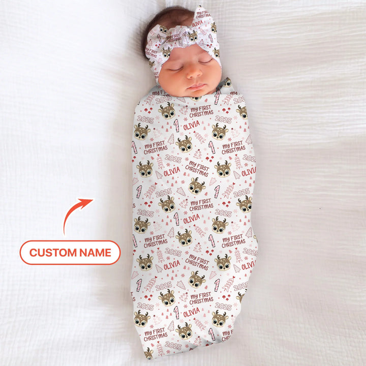 Custom Name Cute Reindeer My First Christmas Swaddle Blanket