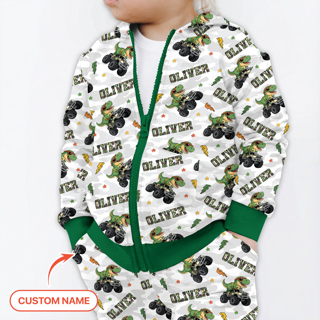 Custom Name Camo Trucker Dino Zip Hoodie