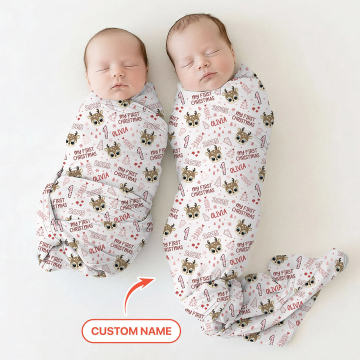 Custom Name Cute Reindeer My First Christmas Swaddle Blanket