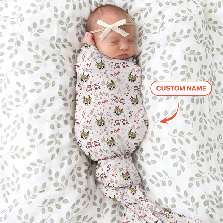 Custom Name Cute Reindeer My First Christmas Swaddle Blanket