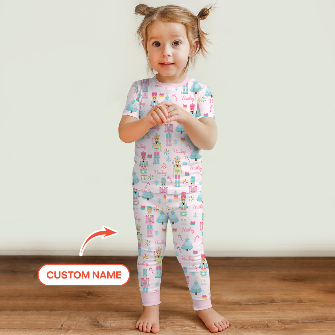 Nutcracker Parade Custom Name Girl Two Piece Short Sleeve Pajama Set , Nutcracker Parade Custom Name Girl Two Piece Short Sleeve Pajama Set - 12-18M