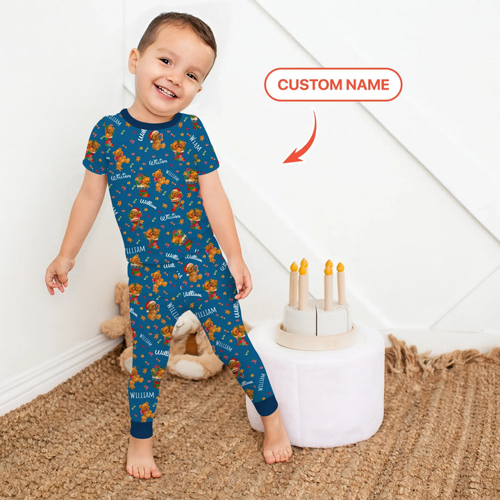 Teddy Bear Merry Christmas Custom Name Two Piece Short Sleeve Pajama Set