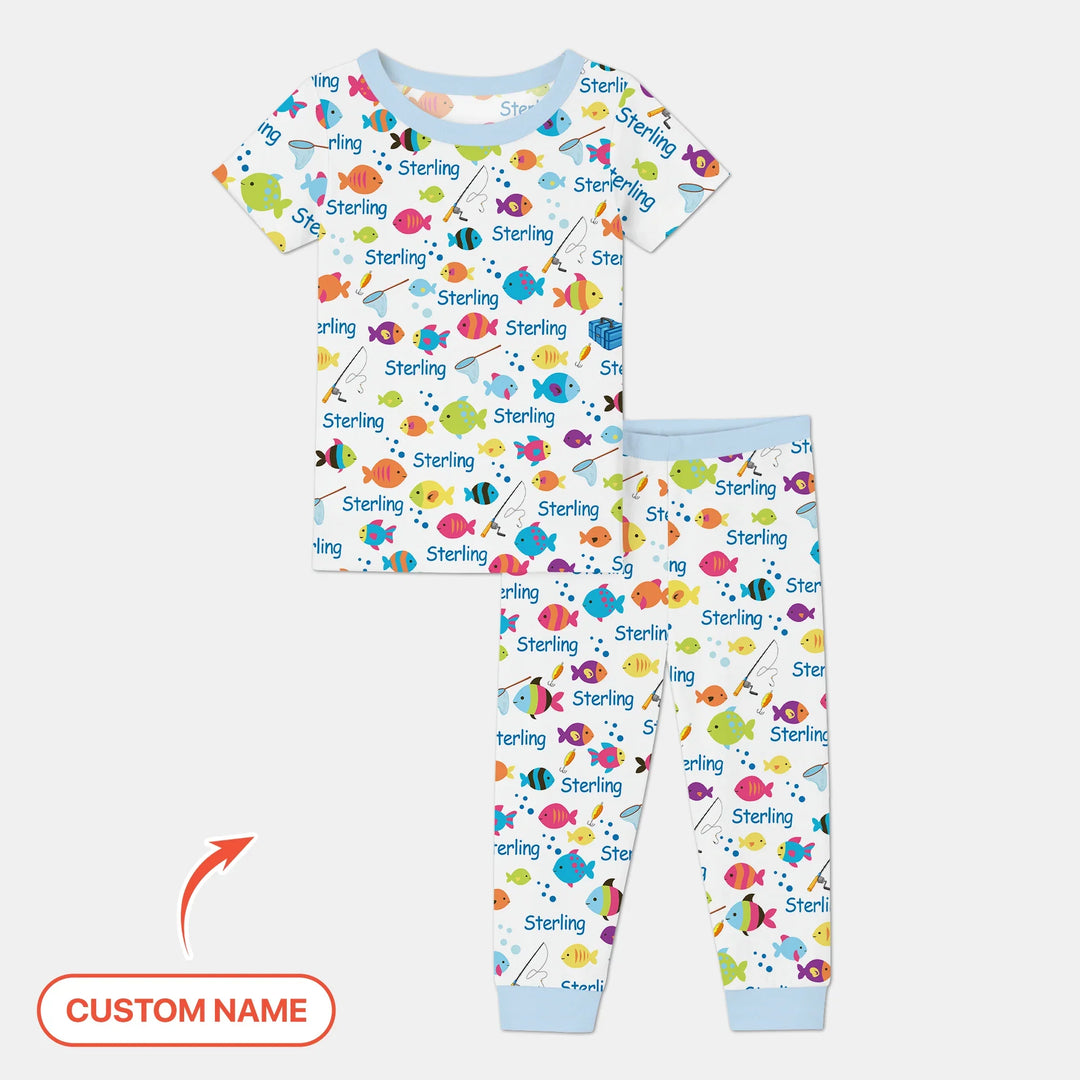 Little Fisher’s Adventure Custom Name Two Piece Short Sleeve Pajama Set , Little Fisher’s Adventure Custom Name Two Piece Short Sleeve Pajama Set - 12-18M
