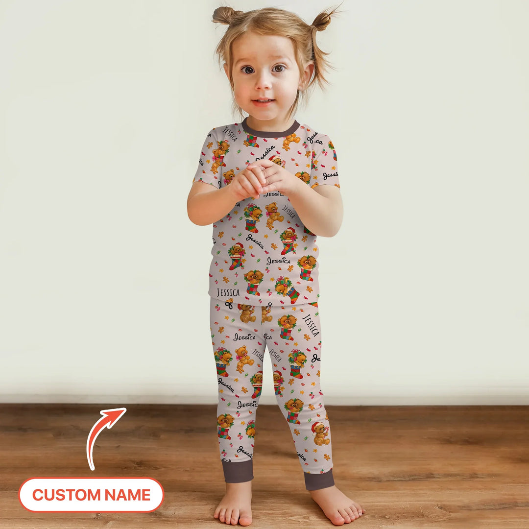 Teddy Bear Merry Christmas Custom Name Two Piece Short Sleeve Pajama Set