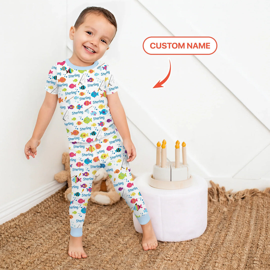 Little Fisher’s Adventure Custom Name Two Piece Short Sleeve Pajama Set , Little Fisher’s Adventure Custom Name Two Piece Short Sleeve Pajama Set - 12-18M