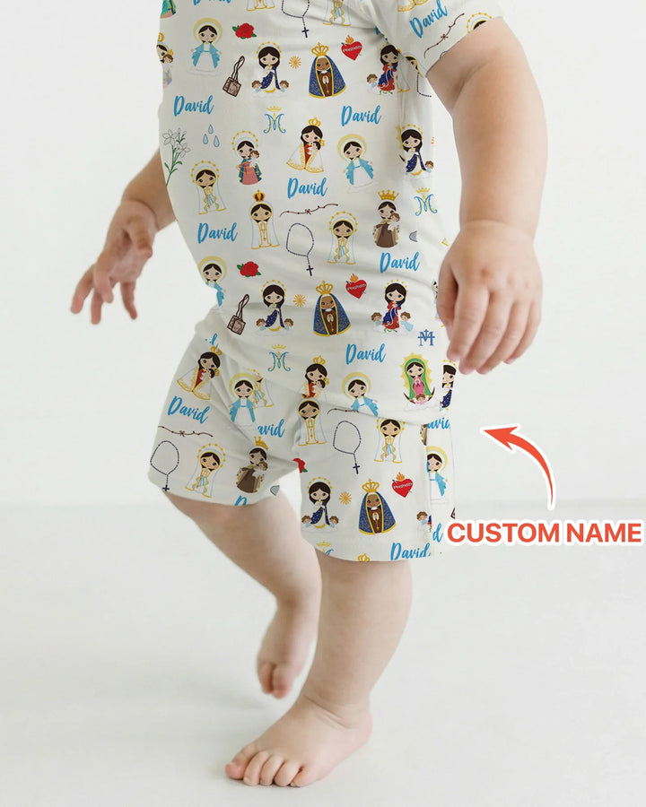 Pijama de dos piezas de bambú de manga corta y pantalón corto con nombre personalizado de la Virgen María