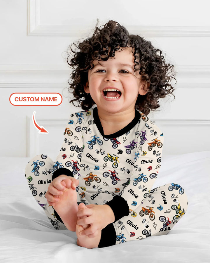 Custom Name Little Dirt Bike Rider Bamboo Two Piece Long Sleeve Pajama Set