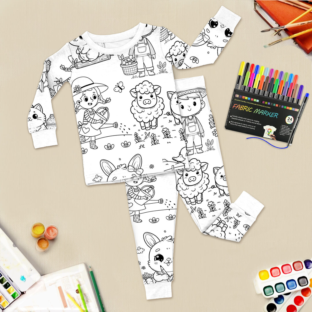 Colorable Farm Animals Bamboo Pajama Set for Kids