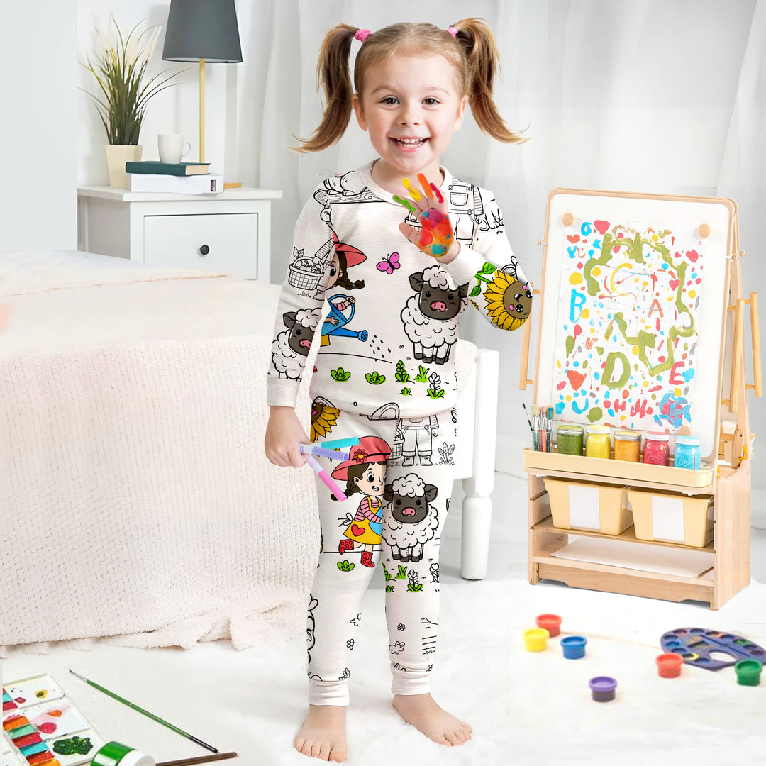 Colorable Farm Animals Bamboo Pajama Set for Kids