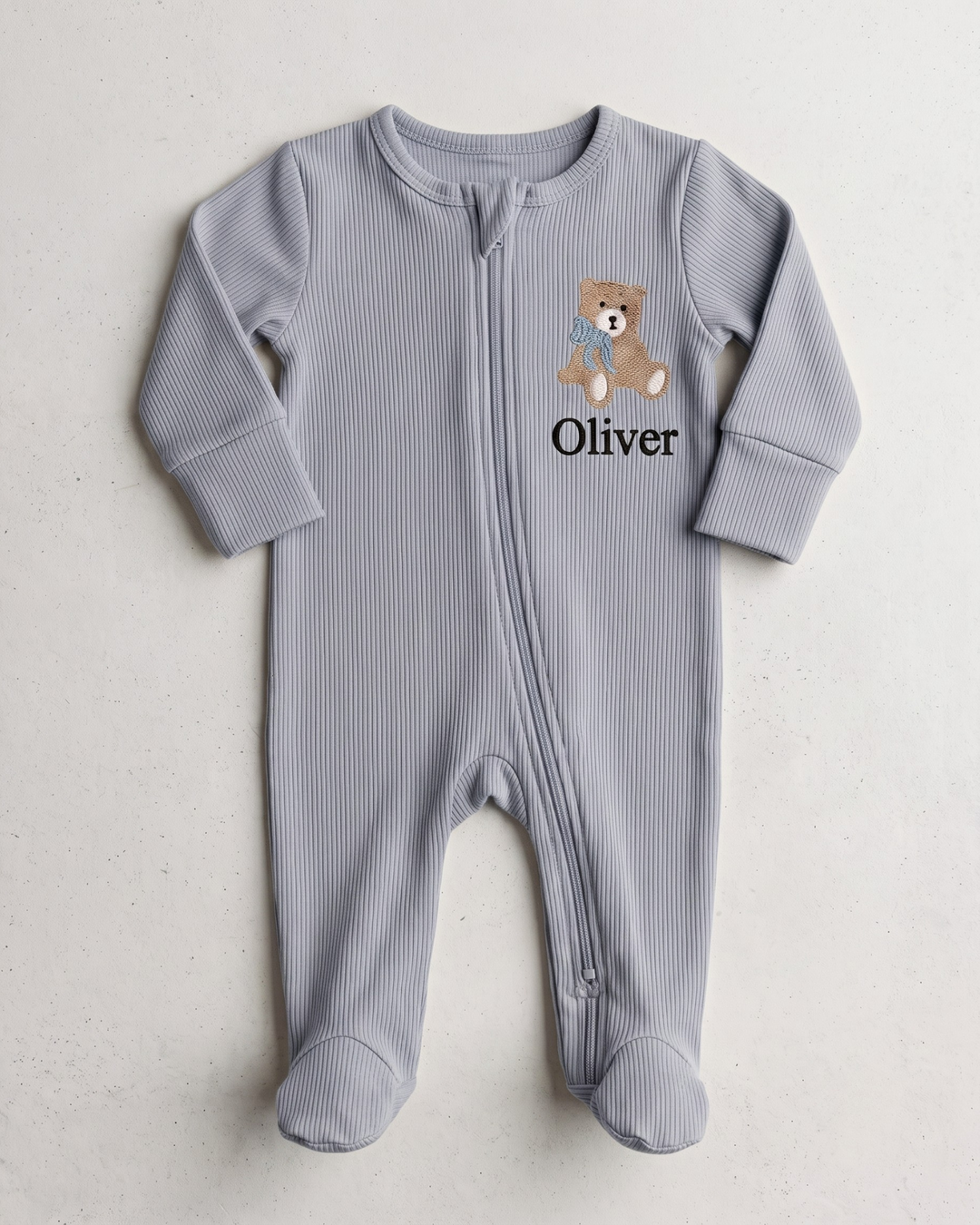 Teddy Bear Embroidered Name Ribbed Bamboo Zipper Footie