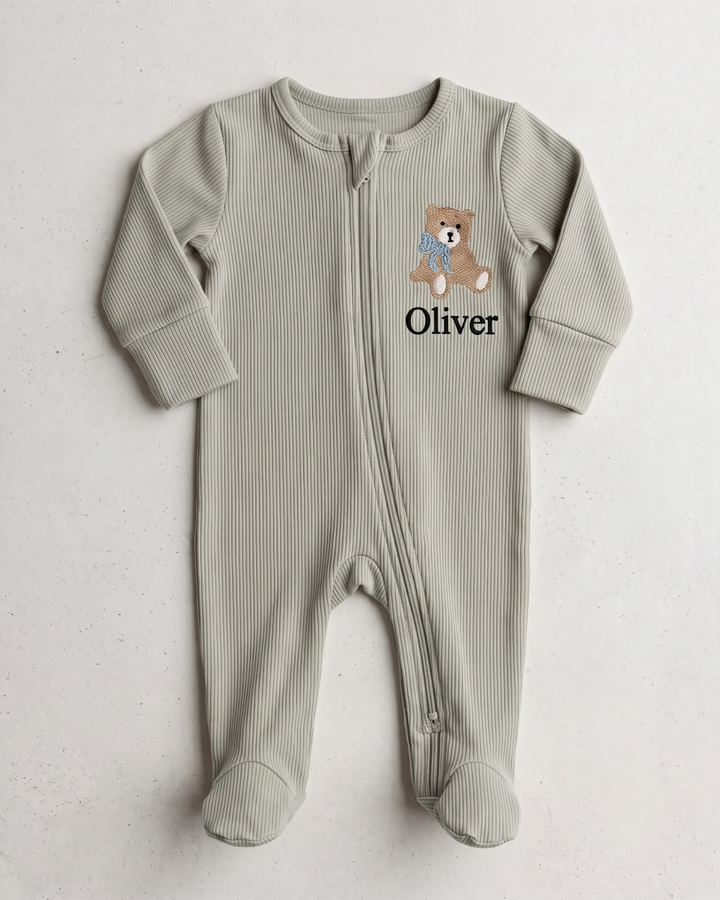 Teddy Bear Embroidered Name Ribbed Bamboo Zipper Footie