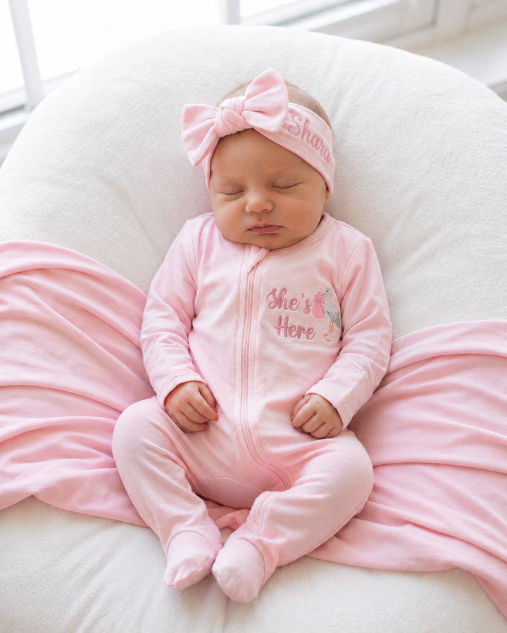 Personalized She's Here Embroidered Bamboo Welcome Home Bundle