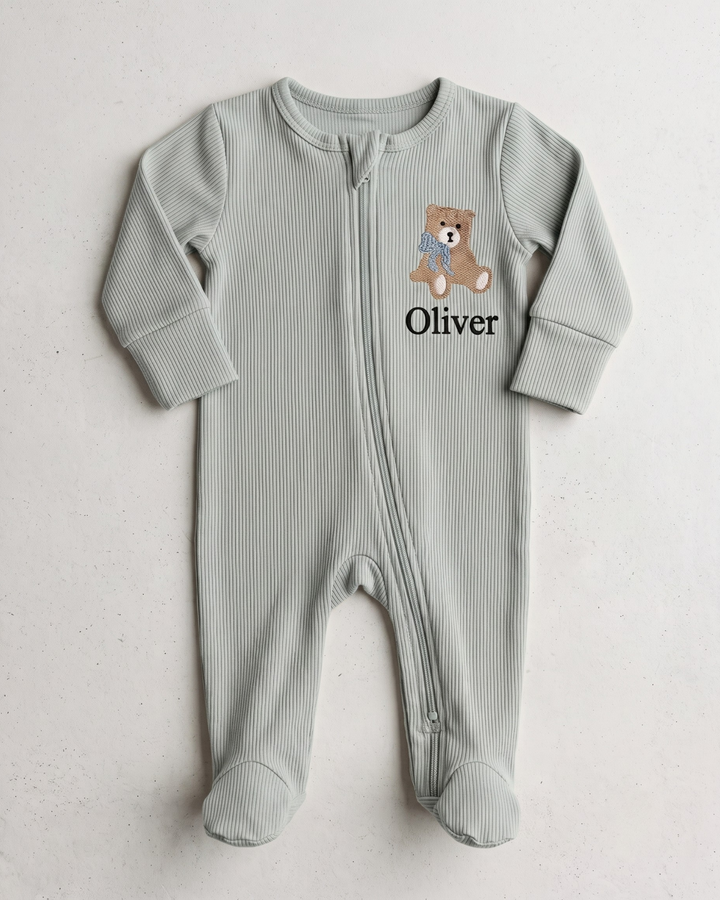 Teddy Bear Embroidered Name Ribbed Bamboo Zipper Footie