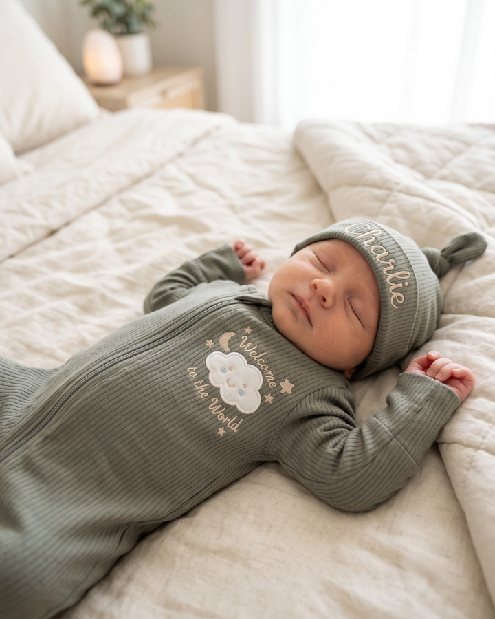 Little Cloud Welcome Embroidered Ribbed Bamboo Zipper Footie