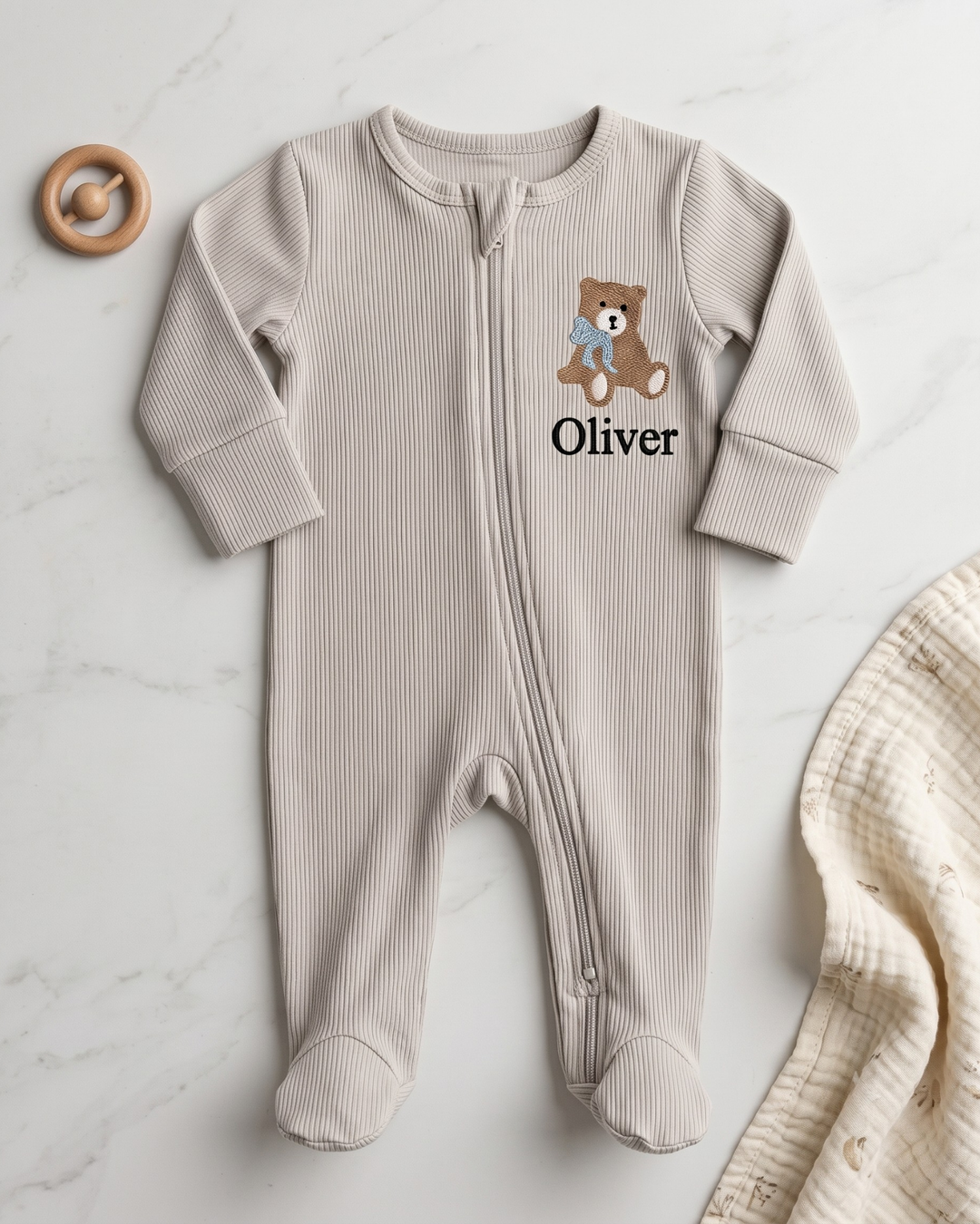 Teddy Bear Embroidered Name Ribbed Bamboo Zipper Footie