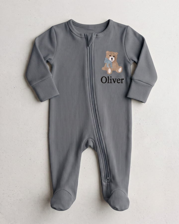 Teddy Bear Embroidered Name Ribbed Bamboo Zipper Footie