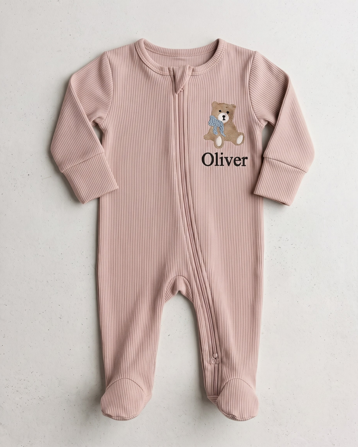 Teddy Bear Embroidered Name Ribbed Bamboo Zipper Footie