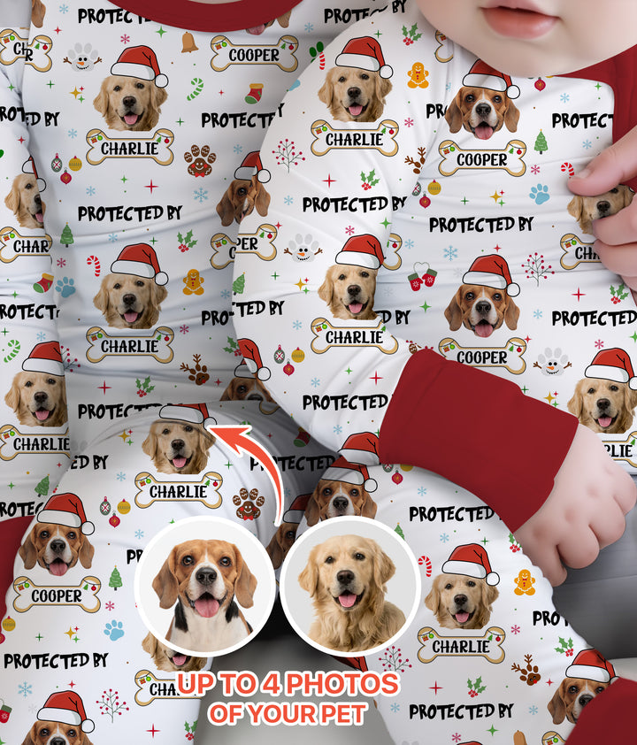 Custom Dog Photo "Protected By" Christmas Two Piece Long Sleeve Pajama Set