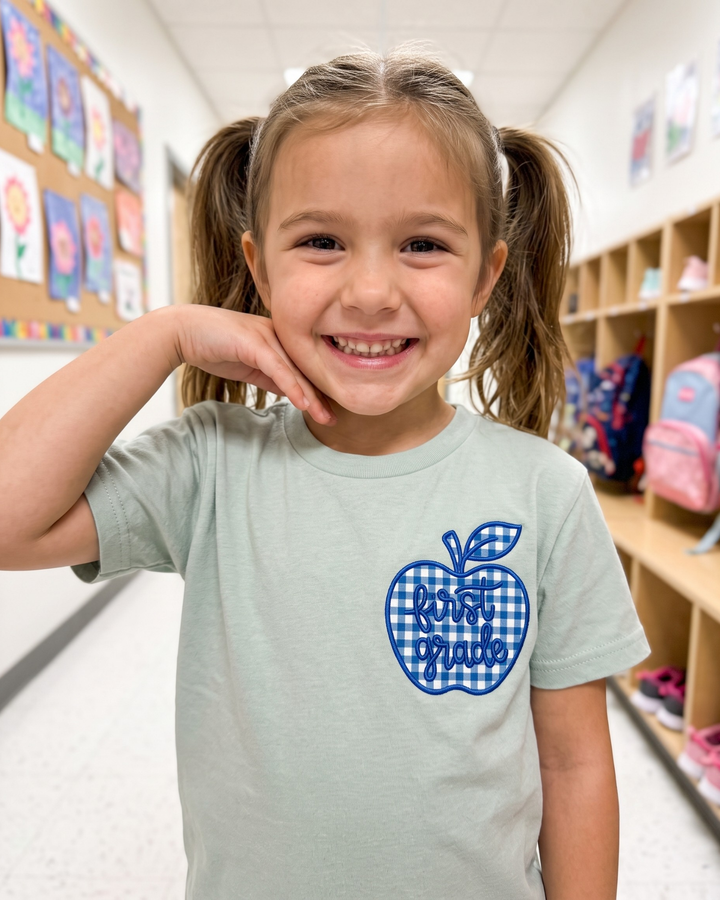 First Grade Apple Applique Embroidered Bamboo Crewneck T-Shirt