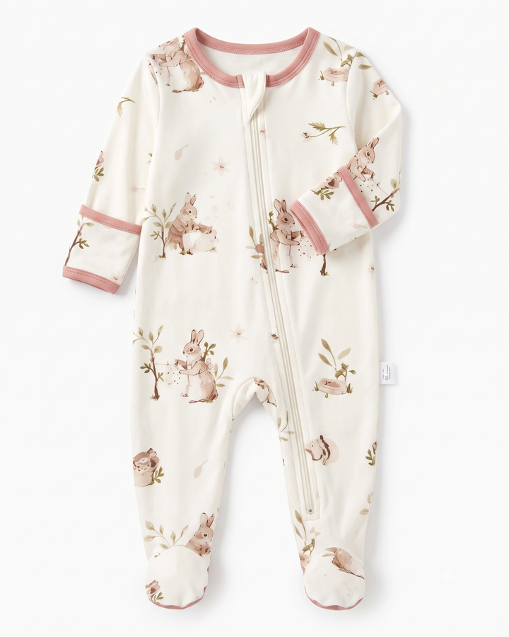 Vintage Garden Bunny Bamboo Zipper Footie