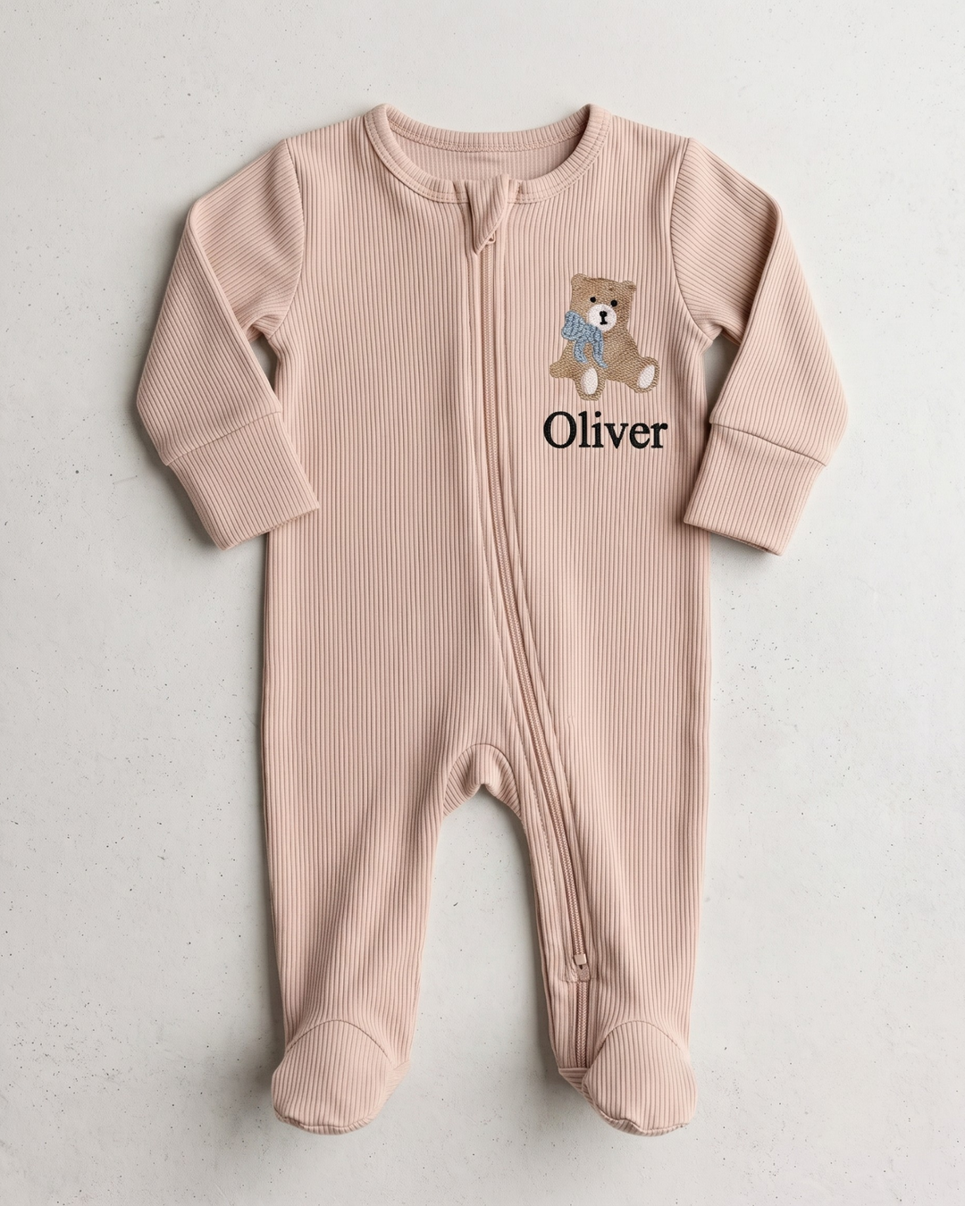 Teddy Bear Embroidered Name Ribbed Bamboo Zipper Footie