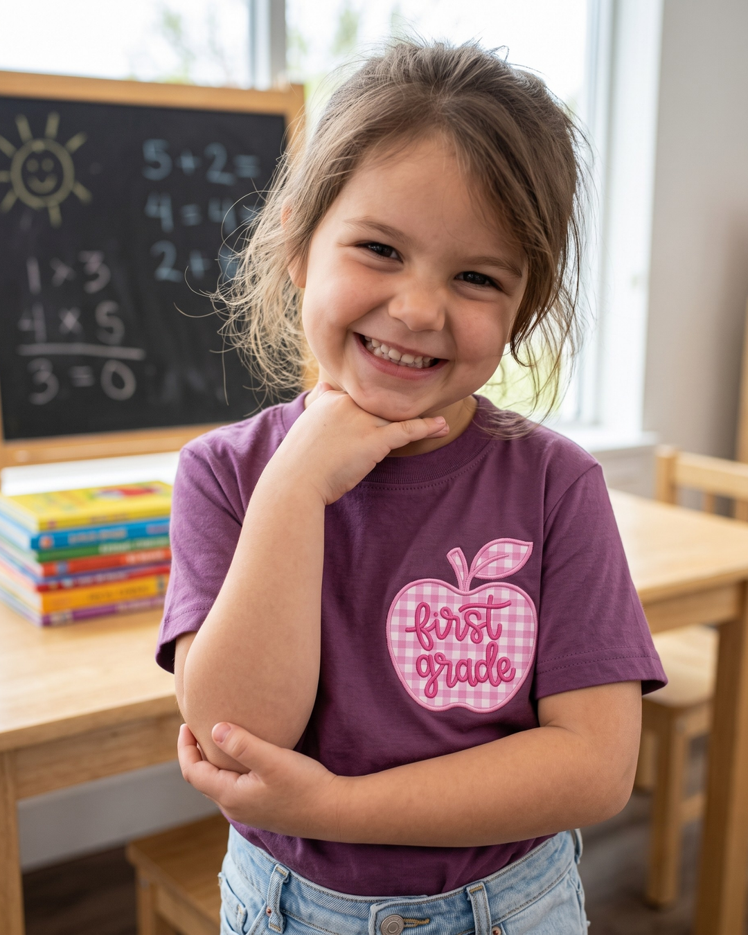 First Grade Apple Applique Embroidered Bamboo Crewneck T-Shirt