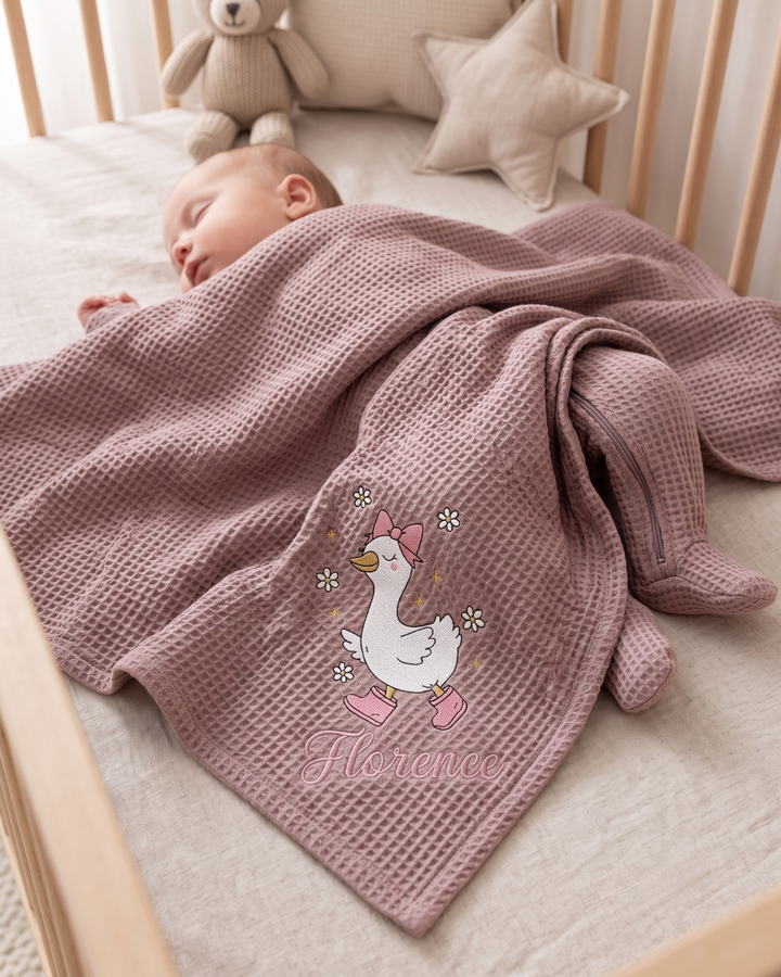 Personalized Dilly Dally Embroidered Waffle Ruffle Bamboo Blanket