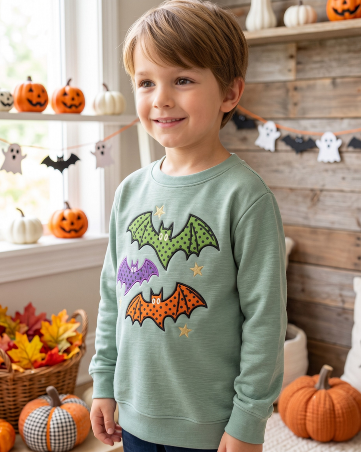Spooky Bat Trio Applique Embroidered Bamboo Crewneck Sweatshirt