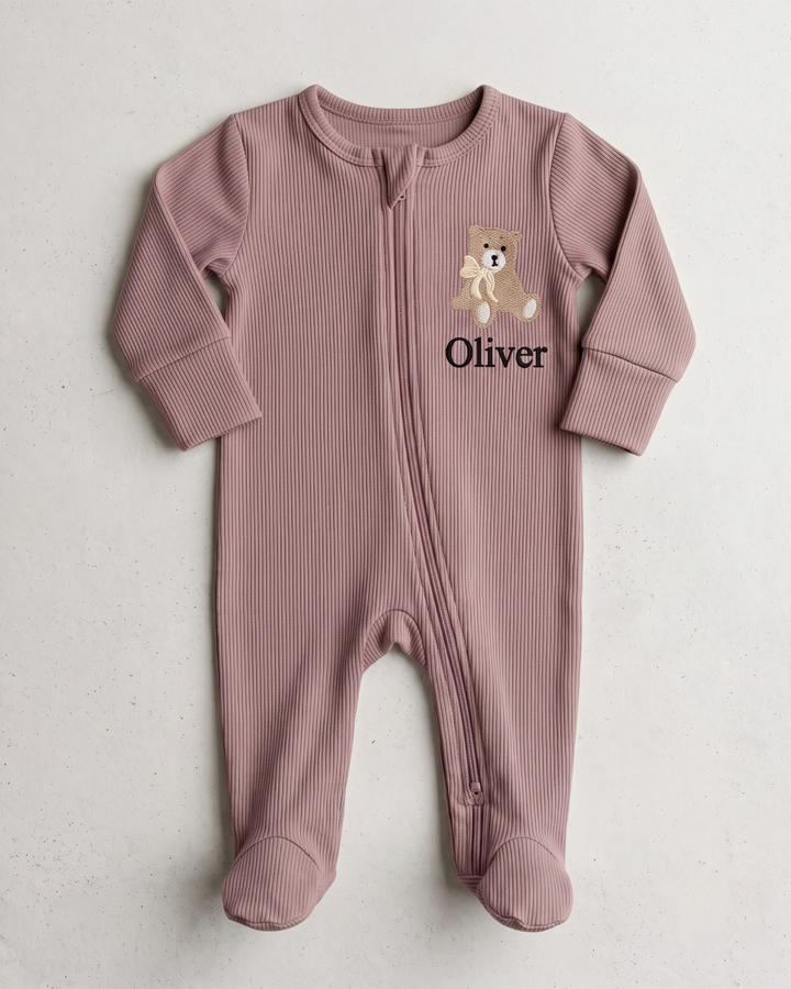 Teddy Bear Embroidered Name Ribbed Bamboo Zipper Footie